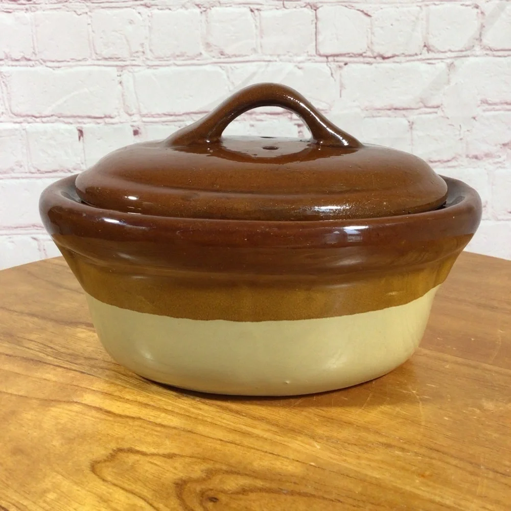Vintage Two-Tone Brown Ceramic 1 Quart Covered Casserole